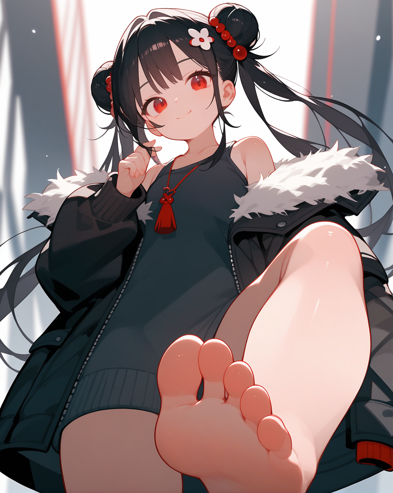 00028-2969847674-(score_9,score_8_up,score_7_up),1girl,solo,red eyes,black hair,long hair,looking at viewer,smile,fur trim,hair bun,bare shoulder.png